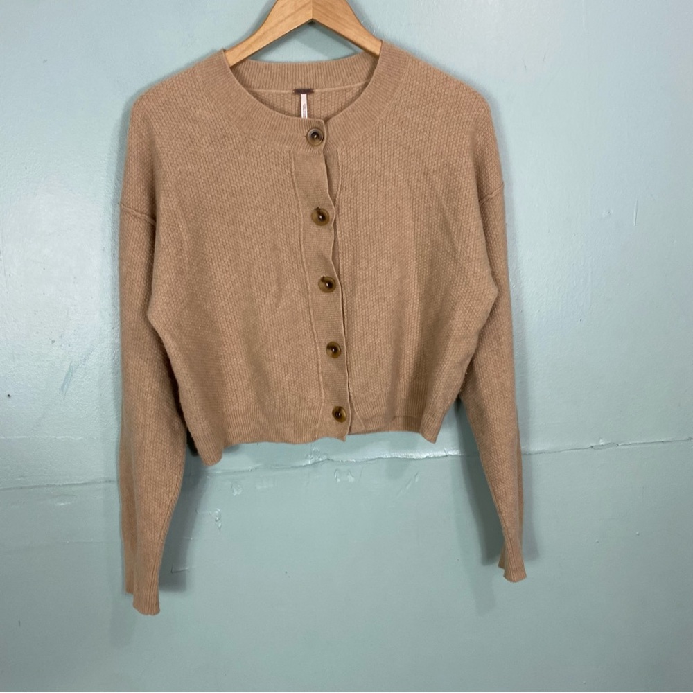 Free People‎ Lila Waffle Knit Cardigan Brown Tan Medium Cashmere